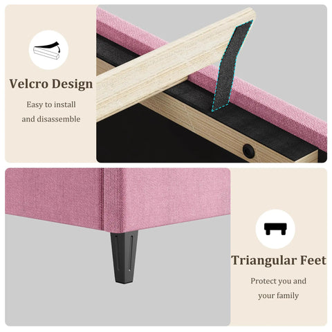 Chic Pink Twin Bed Frame With Plush Upholstered Headboard And Heavy Duty Platform Base featuring Velcro design and triangular feet.