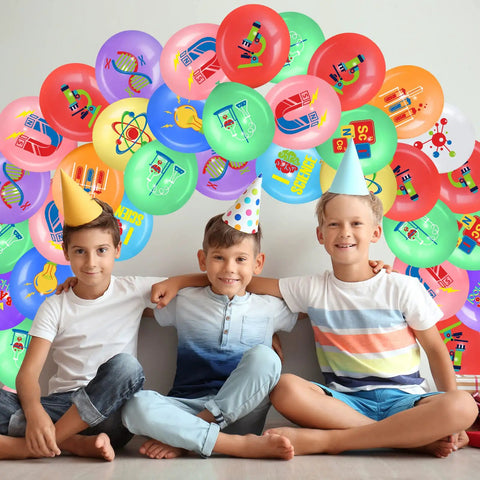 Children at a birthday party with 40 Piece Science Party Balloons Set, 12 Inch Latex Balloons With Mad Scientist Lab and Chemistry Theme.