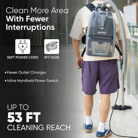 Dapper Commercial Backpack Vacuum Cleaner Lightweight 11Lb With HEPA Filter 2 In 1 Vacuum And Blower 50 Ft Cord 1200W For Hard Floors Carpet Stairs And Tight Spaces Ultimate Cleaning Solutions