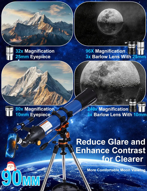 High Powered 90mm Aperture 800mm Refractor Telescope For Adults Beginner Friendly Astronomy Starter Kit with various magnifications