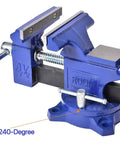 Blue 4.5-inch bench vise with 240-degree rotating base, showcasing its stable design and durable construction for workshops.