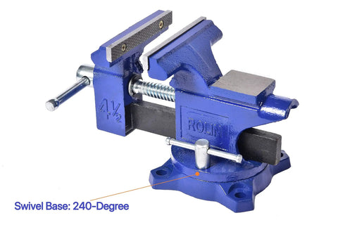 Blue 4.5-inch bench vise with 240-degree rotating base, showcasing its stable design and durable construction for workshops.