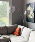 Dope Modern Arc Floor Lamp With Three Lights And Three Way Switch Beige Burlap Drum Shades Antique Bronze Finish Heavy Weighted Base Multi Directional Arms For Living Room Bedroom Or Office