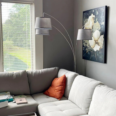Dope Modern Arc Floor Lamp With Three Lights And Three Way Switch Beige Burlap Drum Shades Antique Bronze Finish Heavy Weighted Base Multi Directional Arms For Living Room Bedroom Or Office