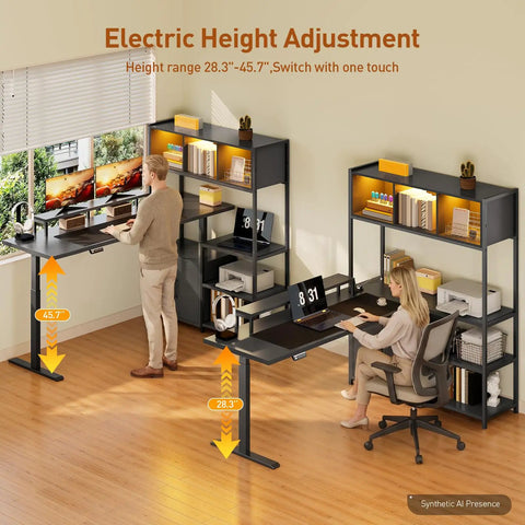 Full On Game Changer Electric Dual Motor L Shaped Standing Desk With Extra Storage Hutch One Touch Smooth Lift for Relaxed Posture Flow.