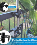 Adjustable Outdoor Umbrella Clamp Holder That Clips On Rails Benches Decks And More Universal Umbrella Clamp Mount Fits 0.8 To 2.7 Inch Railings Fences Balconies Tailgates Boats And Patio Spaces showcasing heavy-duty steel construction mounted on a balcony rail.