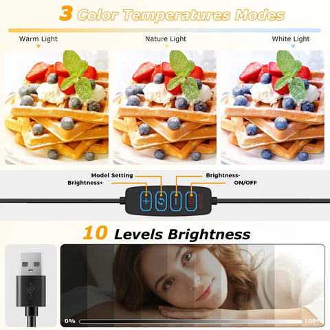 Overhead USB Ring Light Camera Mount With Flexible Arm Stand showing 3 lighting modes on waffles and brightness control