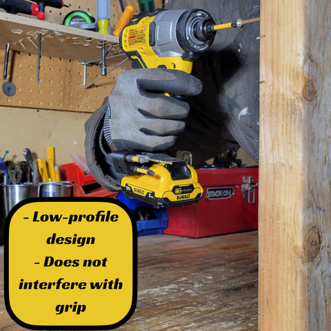 Person using cordless drill with Six Bit Drill Bit Holder For Cordless Drills And Impact Drivers, Attaches To Factory Mount, Keeps Bits Right At Hand With Non Marring Flexible Impact Resistant Design, Made In USA