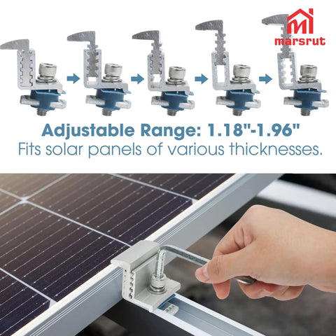 10 Pack Heavy Duty Solar Panel End Clamp Brackets showing adjustable nut fitting solar panels 1.18" to 1.96" thick.