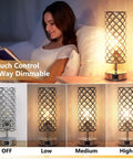 Crystal Touch Table Lamps Set of 2 With USB C and USB A Charging Ports showing 3-way dimming levels and touch control.