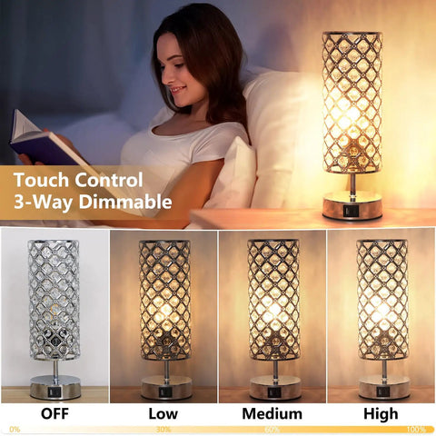 Crystal Touch Table Lamps Set of 2 With USB C and USB A Charging Ports showing 3-way dimming levels and touch control.