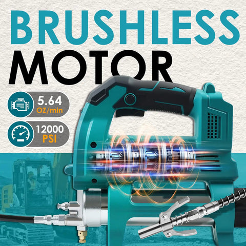 Cordless Grease Gun For Makita 18V Battery, 12000 PSI High Pressure, brushless motor, shown with hose and connector