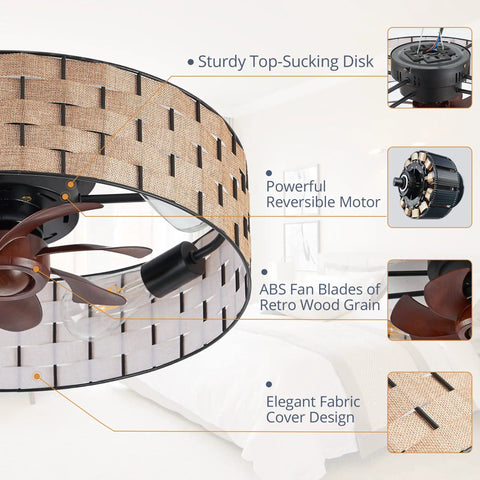 Elegant fabric design of 20 Inch Fabric Shade Ceiling Fan with Remote, low profile flush mount, bladeless design, in modern bedroom