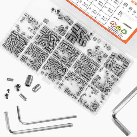 485 Pcs Set Screws Kit In 304 Stainless Steel With 14 Sizes M3 M4 M5 M6 M8 Head Socket Hex Cup Point Includes 5 Hex Wrenches And 1 Tweezer Durable Rust Resistant Gear For DIY And Pro Projects in labeled box