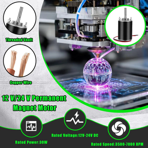 All In One 12V 24V DC Geared Motor Kit With Speed Controller 3500 7000 RPM High Speed Permanent Magnet Motor in operation, highlighting key features like threaded shaft and copper wire, showcasing a 3D printing application.