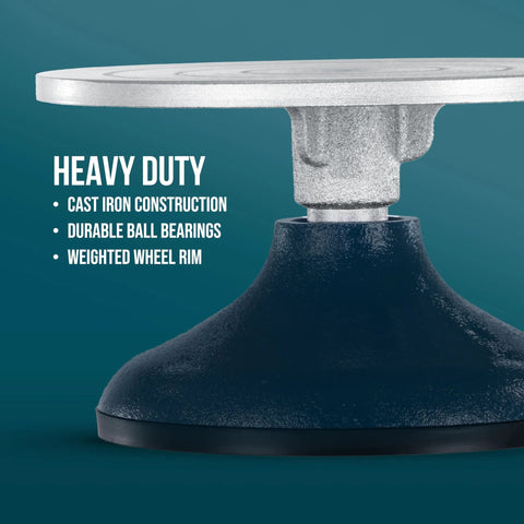 Front view of a 7-inch sculpting wheel with metal turntable, weighted rim, on a blue base.