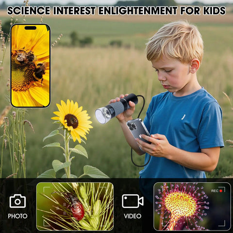 1080P USB Digital Microscope With Metal Stand 50X To 1000X Zoom Handheld Microscope Camera With 8 LED Lights Plug And Play Works With iPhone Android Windows Mac 4 In 1 USB Cable OTG Ready, boy using it on sunflower