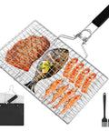 Foldable Stainless Steel Fish Grill Basket For Grillin Veggies Shrimp And Meat Portable BBQ Rack With Detachable Handle shown with storage bag and basting brushes.