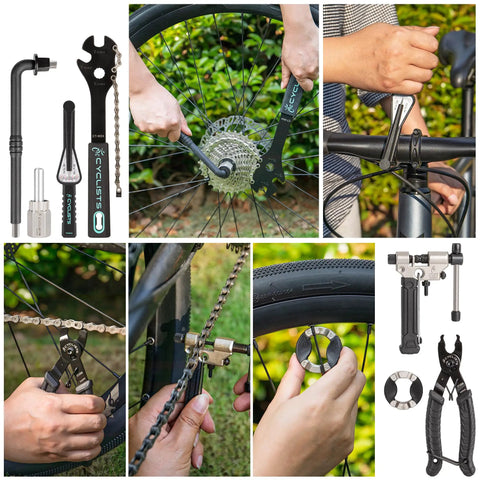 All In One 33 Piece Bike Tool Kit For Road And Mountain Bikes And E Bike Repairs Home Mechanic Friendly Repair Set with tools in use