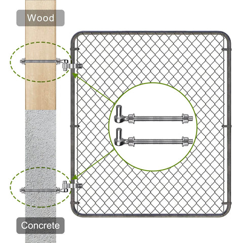 Diagram of 304 Stainless Steel Gate Hinge Set M12 By 8 Inch J Bolt Gate Hinges on wooden and concrete posts for chain link fence.