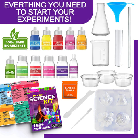 Science Kit For Kids Aged 5 To 12, Hands On STEM Toys And Chemistry Set With Cool Volcano Projects chemicals and tools shown