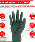 Badass Industrial Two Ply Nitrile Gloves, 8.5 Mil Thick With Raised Diamond Grip For Rip And Chemical Resistance, Disposable Latex Free, X Large, 1000 Count Per Box For Your Daily Grind - Dark green nitrile glove shown with textured grip.