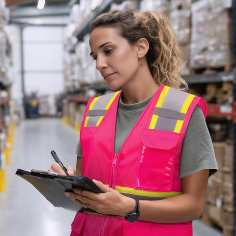 Top Level High Visibility Safety Vest With Bold Reflective Strips And Plenty Of Gear Pockets For Daily Grind, worn by woman in warehouse.
