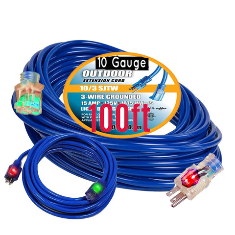Badass 100 Foot Extension Cord With Glowing Lighted Ends Heavy Duty 10 Gauge Wire For Day Shift Crews And Weekend Warriors, blue cable showing lighted ends and detailed specifications.