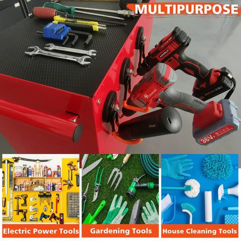Heavy Duty Magnetic Garage Hooks 4 Pack Rubber Coated Magnets For Power Tools Garden Tools Hose Pegboard Indoor Outdoor Hanging Orange Perfect For Organizing Your Garage Workshop Shed And More; hooks holding tools on red toolbox.