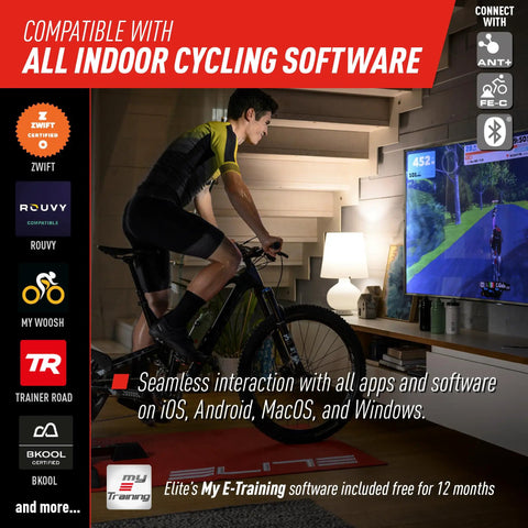 Cyclist using Direto XR-T Direct Drive Bike Trainer with Accurate Power Readings indoors, connected to cycling software on TV.
