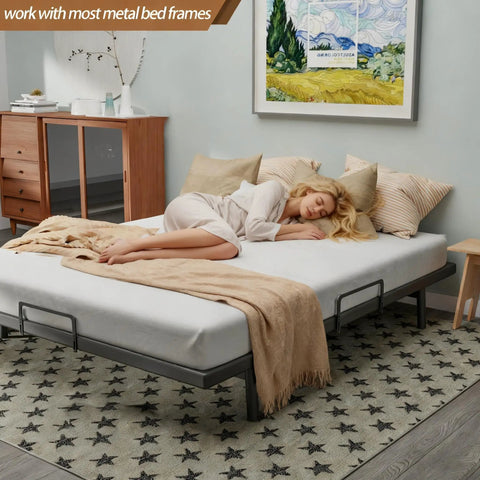 Heavy Duty Mattress Retainer Bar Two Piece Kit For Steel Bed Frames And Adjustable Bases Stops Slippage Dead In Its Tracks On Rv Sleepers With Solid Non Slip Grip For Smooth Nights Rest Easy, shown on a bed with a person sleeping.