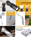 Tactical flashlight, mini screwdriver, dual-tube whistle, emergency blanket from 19 In 1 Survival Gear Kit For Men Dad Husband Emergency Tools Camping Accessories Fishing Hunting Gift For Outdoors Lovers Birthday Stocking Stuffers Cool Gadget Camping Essentials.