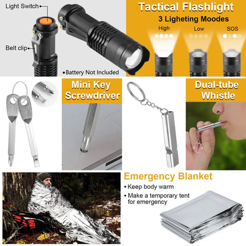 Tactical flashlight, mini screwdriver, dual-tube whistle, emergency blanket from 19 In 1 Survival Gear Kit For Men Dad Husband Emergency Tools Camping Accessories Fishing Hunting Gift For Outdoors Lovers Birthday Stocking Stuffers Cool Gadget Camping Essentials.