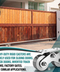 Built Tough Heavy Duty V Shaped Groove Wheel Sliding Gate Casters With Double Bearings and Detachable Brackets For Inverted Tracks showing sliding gate.