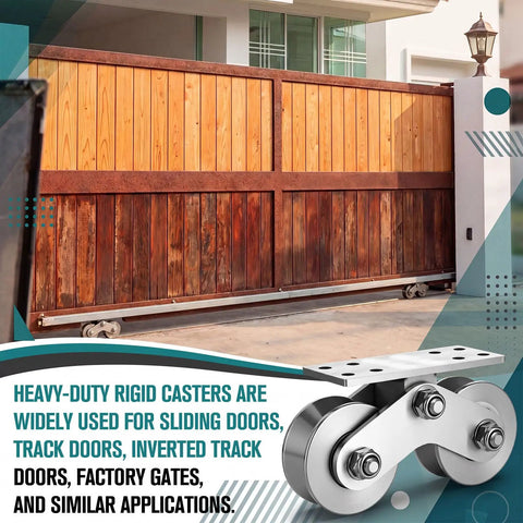 Built Tough Heavy Duty V Shaped Groove Wheel Sliding Gate Casters With Double Bearings and Detachable Brackets For Inverted Tracks showing sliding gate.