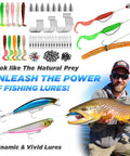 Man holding a large trout with colorful fishing lures, showcasing 'All In One Fishing Backpack With Rod And Reel Waterproof Gear Pack Rod Holder And Tackle Boxes Handy Tool Kit Ideal Gift For Men Great For Bass Trout And Freshwater Adventures'