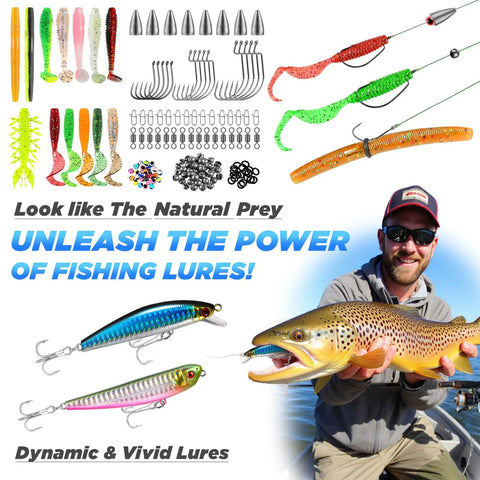 Man holding a large trout with colorful fishing lures, showcasing 'All In One Fishing Backpack With Rod And Reel Waterproof Gear Pack Rod Holder And Tackle Boxes Handy Tool Kit Ideal Gift For Men Great For Bass Trout And Freshwater Adventures'