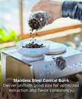 Person pouring coffee beans into Talos Semi Automatic Grind And Brew Espresso Machine With Built In Conical Burr Grinder 20 Bar Italian Pump Real Time Pressure Gauge Stainless Steel Lunar Finish For Barista Level Flavor At Home
