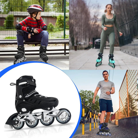 Adjustable Inline Skates For Adults And Kids Dope High Performance Roller Blades With Giant Wheels Durable Aggressive Design For Men And Women Black Size 10 11 12 shown in various outdoor activities