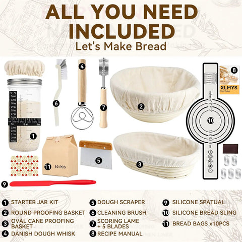 All In One Sourdough Starter Kit With 9 Inch Round And 10 Inch Oval Banneton Proofing Baskets Starter Jar Bread Sling Lame