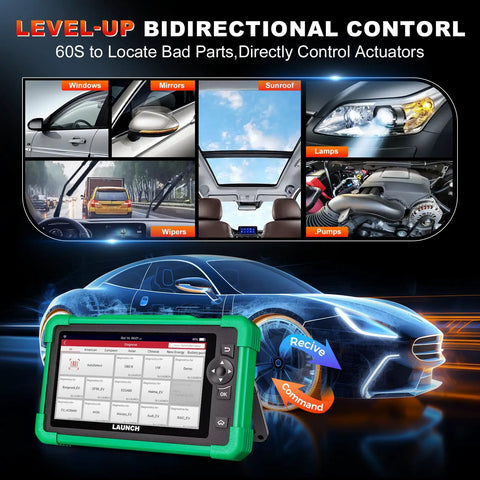 Heavy Duty Electric Vehicle Diagnostic Scanner For Hybrid Whips Featuring Bidirectional Controls with display and car graphic.