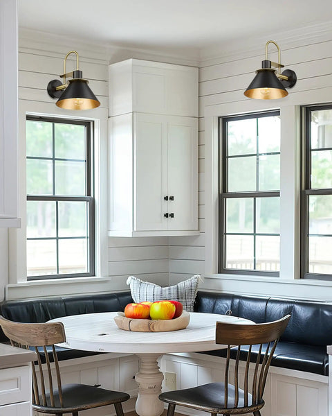 Set Of 2 Industrial Wall Sconce Lights Modern 1 Light Vanity Fixtures In Matte Black With Brushed Gold Interior in a kitchen