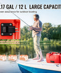 Marine Outboard Fuel Transfer Tank 3.17-Gallon With 9.8-Foot Hose, shown on a boat with built-in gauge and large capacity