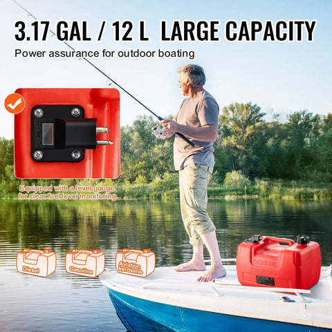 Marine Outboard Fuel Transfer Tank 3.17-Gallon With 9.8-Foot Hose, shown on a boat with built-in gauge and large capacity