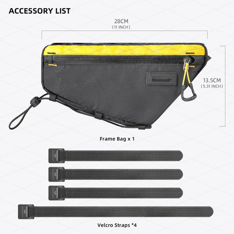 Ride Ready Bike Triangle Frame Bag 1.7L Waterproof with YKK zippers, cable port, pump holder, black nylon, shown with velcro straps