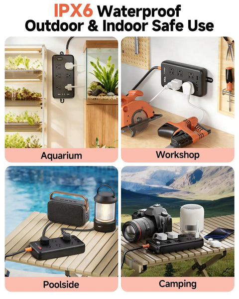 Outdoor Waterproof Power Strip IPX6 with six outlets and four USB ports mounted in various settings: aquarium, workshop, poolside, camping.