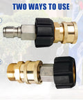 Hourleey pressure washer quick-connect fittings, front and side views, brass adapters with black plastic collar, 2-pack.