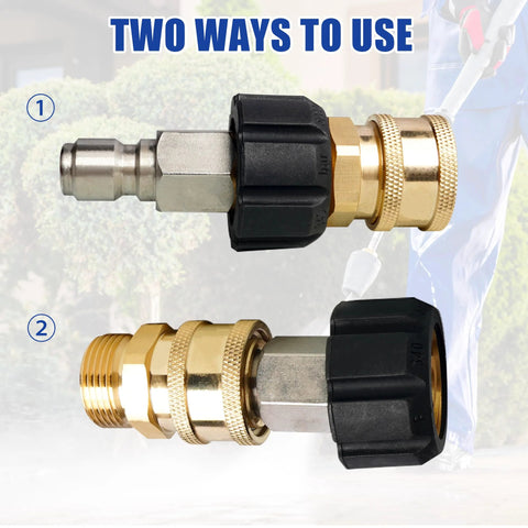 Hourleey pressure washer quick-connect fittings, front and side views, brass adapters with black plastic collar, 2-pack.