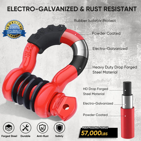 Beefy Two Pack D Ring Shackle 7/8 Inch Screw Pin 57,000 Lbs Break Strength 3/4 Inch Heavy Duty Shackles Electro-Galvanized Red