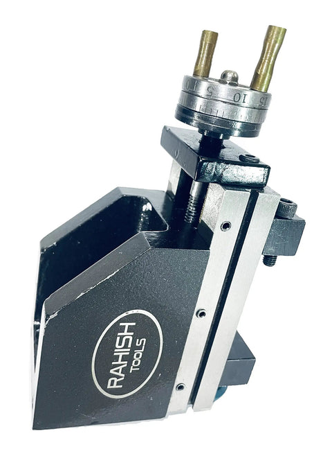 Dead Nuts Precision Machining Attachment For Small Lathes Featuring 90 By 50 Millimeter Slide Board and Crisp Calibration Dial, side view.